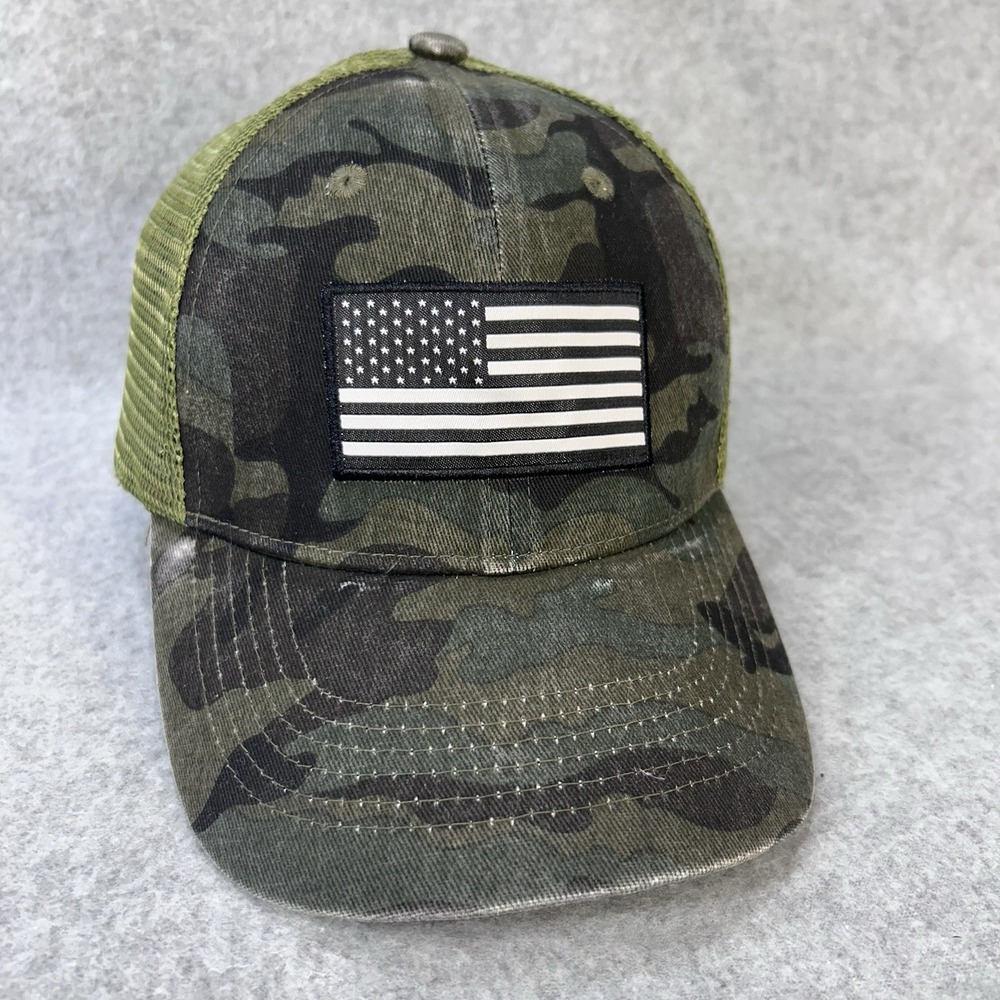 Camo American Flag Trucker Hat Snapback Mesh Back Olive Green Patriotic Cap